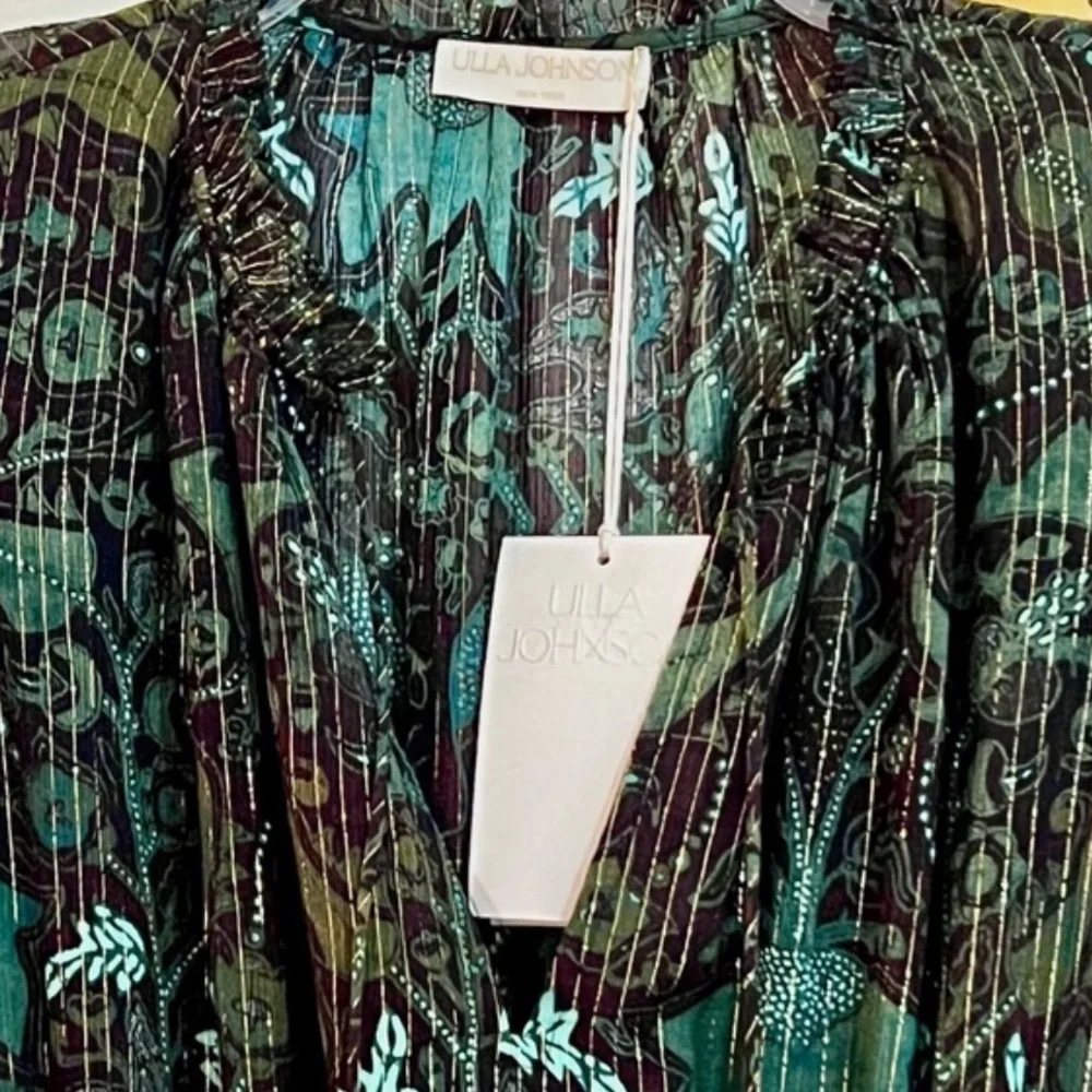 🌺🎉HP🎉🌺 NWT Ulla Johnson Ada Chiffon Mini Dress Rainforest - Picture 16 of 16